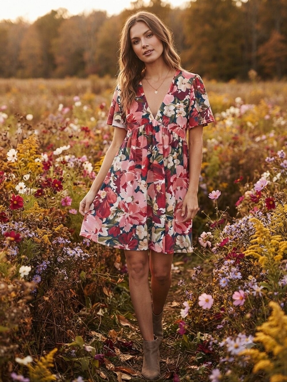 NWT Sadie & Sage Boho Floral Short Sleeve Tiered Mini Dress L